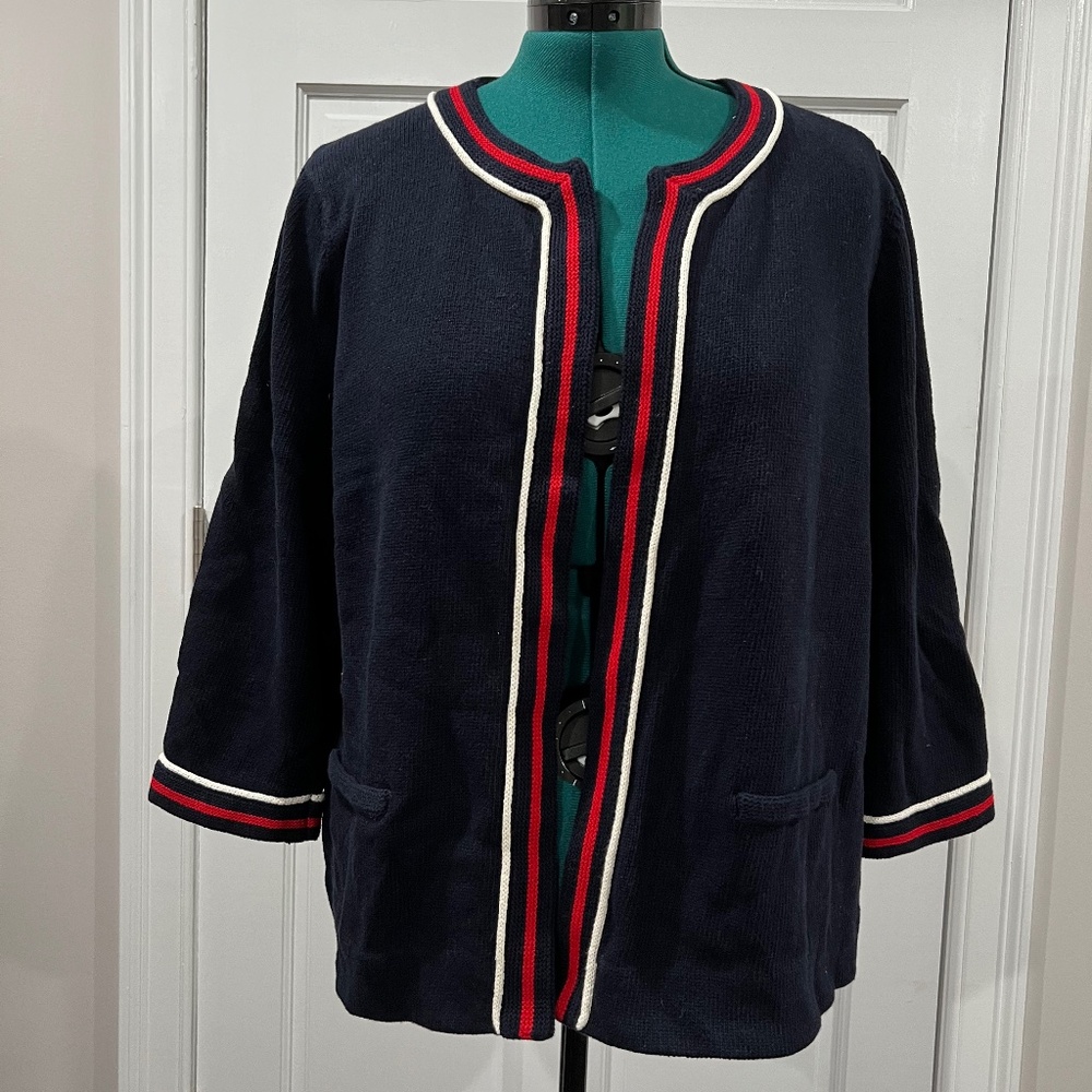 Talbots Navy Blue with Red White Trim Stripes Cardigan Sweater - 2X